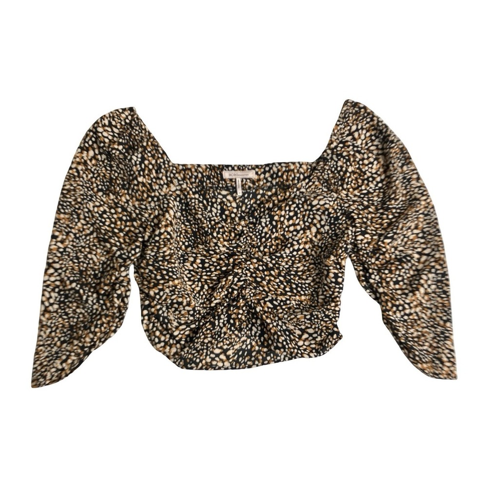 BCBGeneration Crop Top Womens Medium Leopard Sweetheart Neckline‎ Ruched Fitted